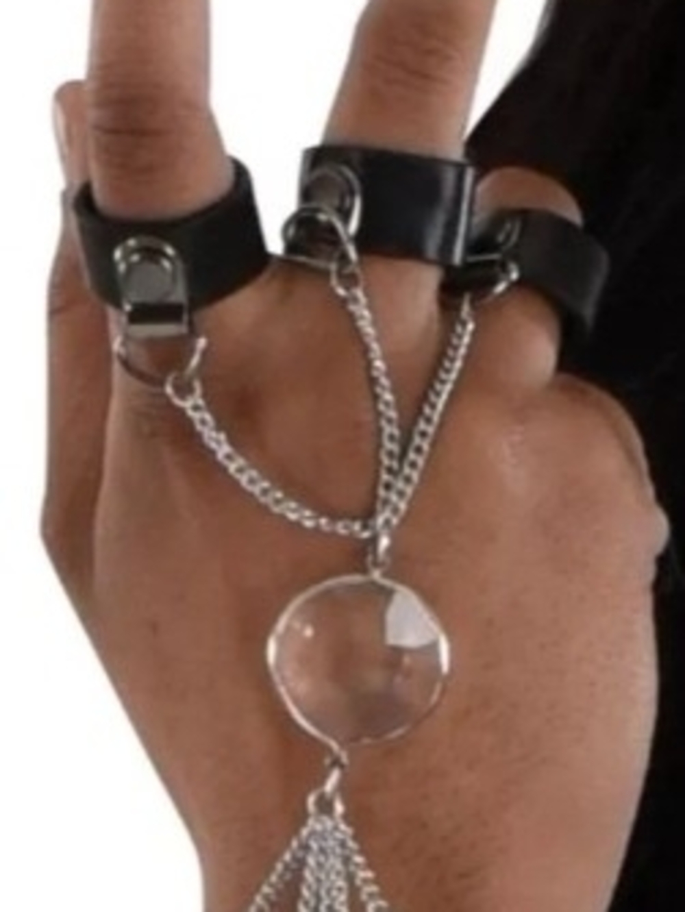 Black Feaux Leather Finger Harness with Silver Chain and Clear Pendant